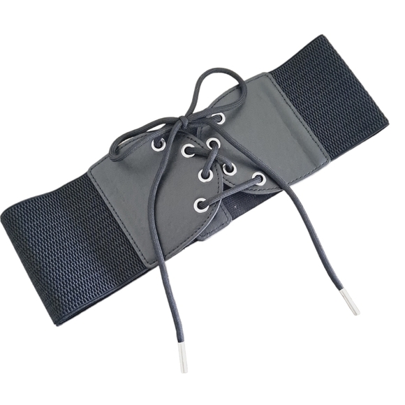 Wide Black lace up corset Boho stretch waist faux leather elastic dress belt - Picture 10 of 13